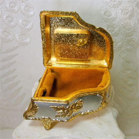 vintage hinged fabric & metal music box japan pearly shells|vintage fabric sewing pattern.